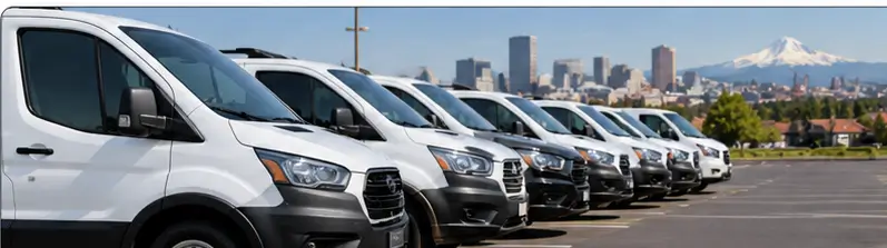 Professional fleet detailing service cleaning commercial vehicles at a Portland business.