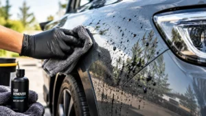 Removing road tar spots from car paint with a microfiber cloth during exterior detailing